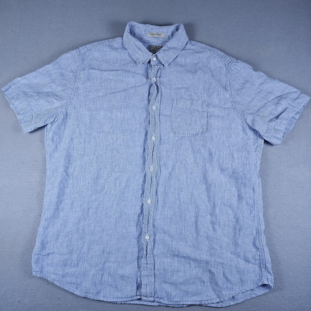 LL Bean 100 % Linen Shirt Mens Extra Large Blue Striped Short Sleeve Button Up